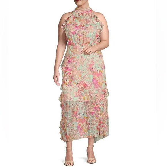 Alex Marie Plus Sz 24W Pink Teal Floral Halter Sleeveless Asymmetric Hem Easter - Picture 2 of 16